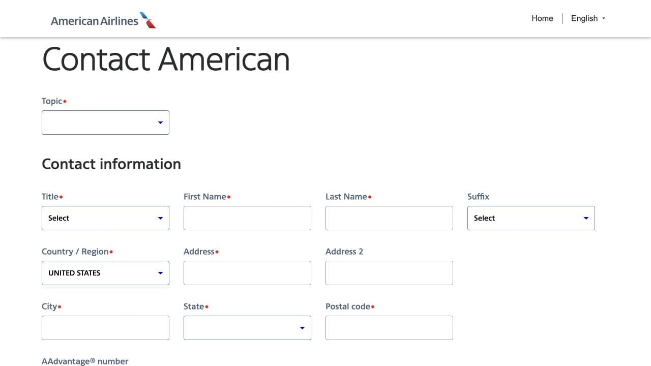 Blank American Airlines verification form showing Topic and Contact information fields.