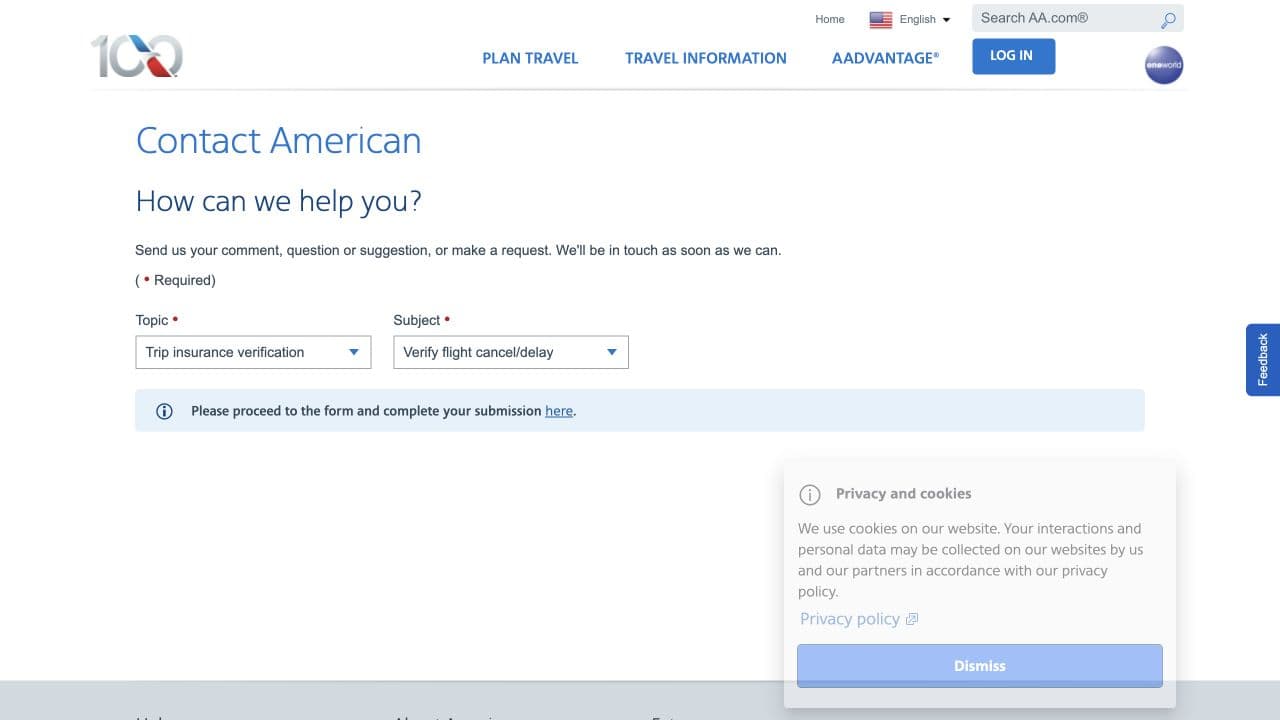 American Airlines Contact American page with Trip insurance verification and Verify flight cancel/delay selected, and a link to the form.
