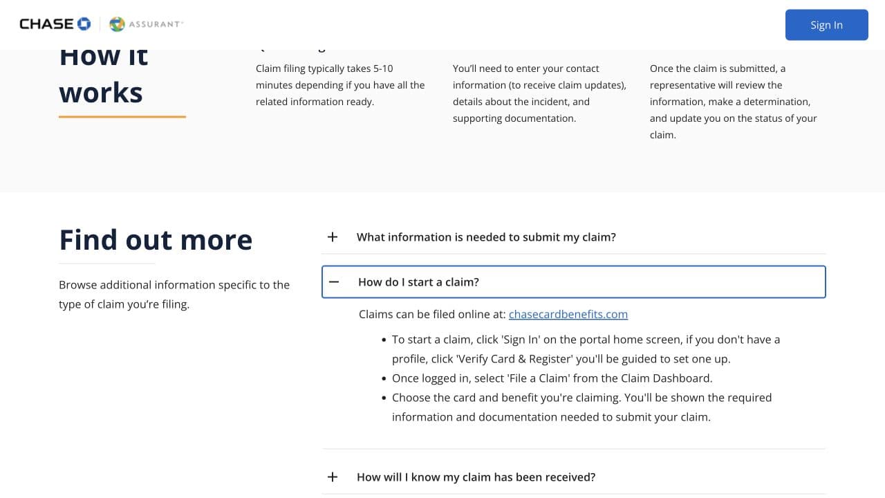 Chase public How do I start a claim instructions explaining File a Claim and card and benefit selection.