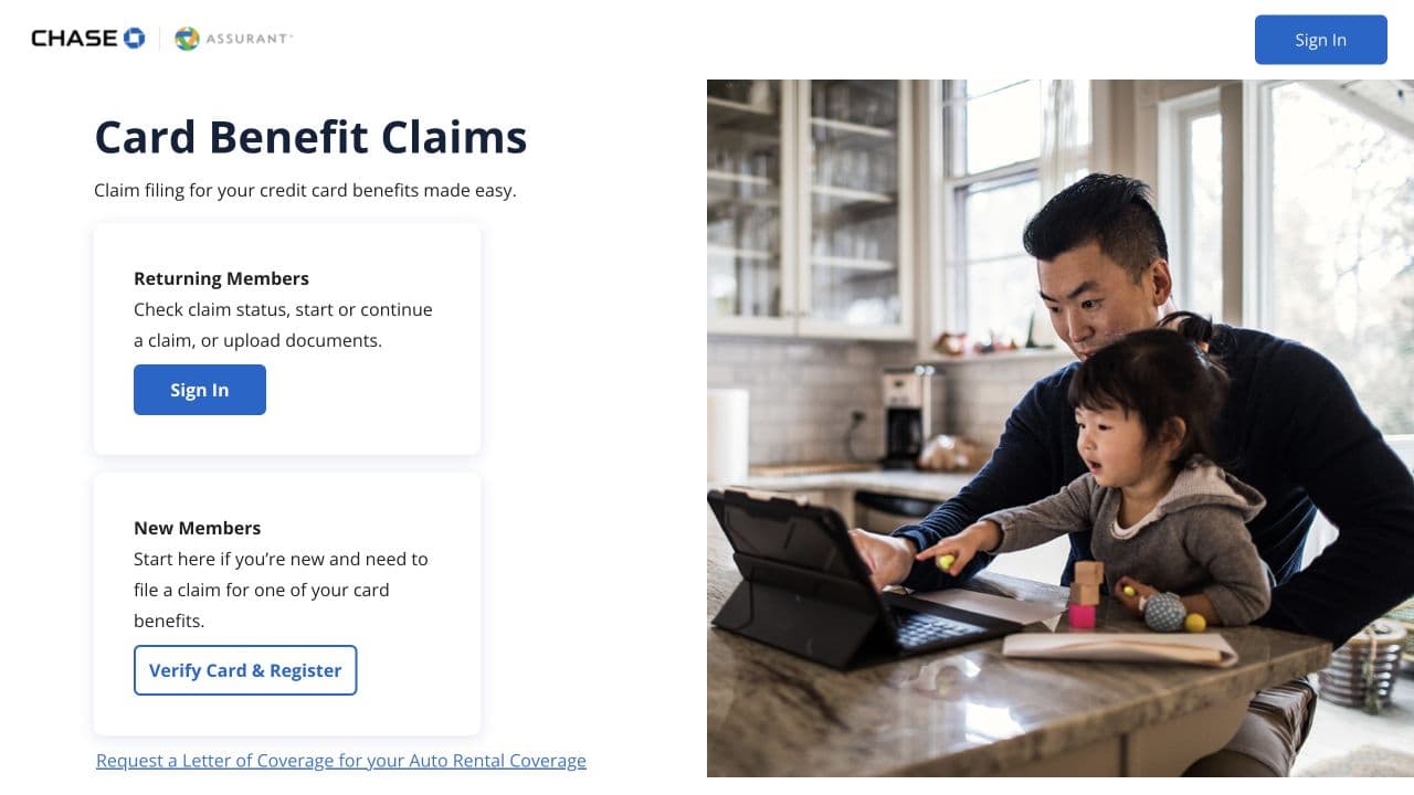 Chase Assurant Card Benefit Claims page with Sign In and Verify Card & Register choices.